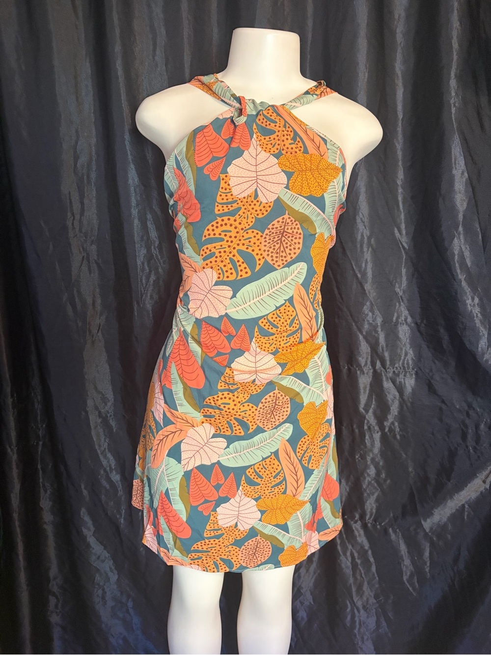 Tropical Knot Halter Mini Dress in Teal, Coral & Mustard